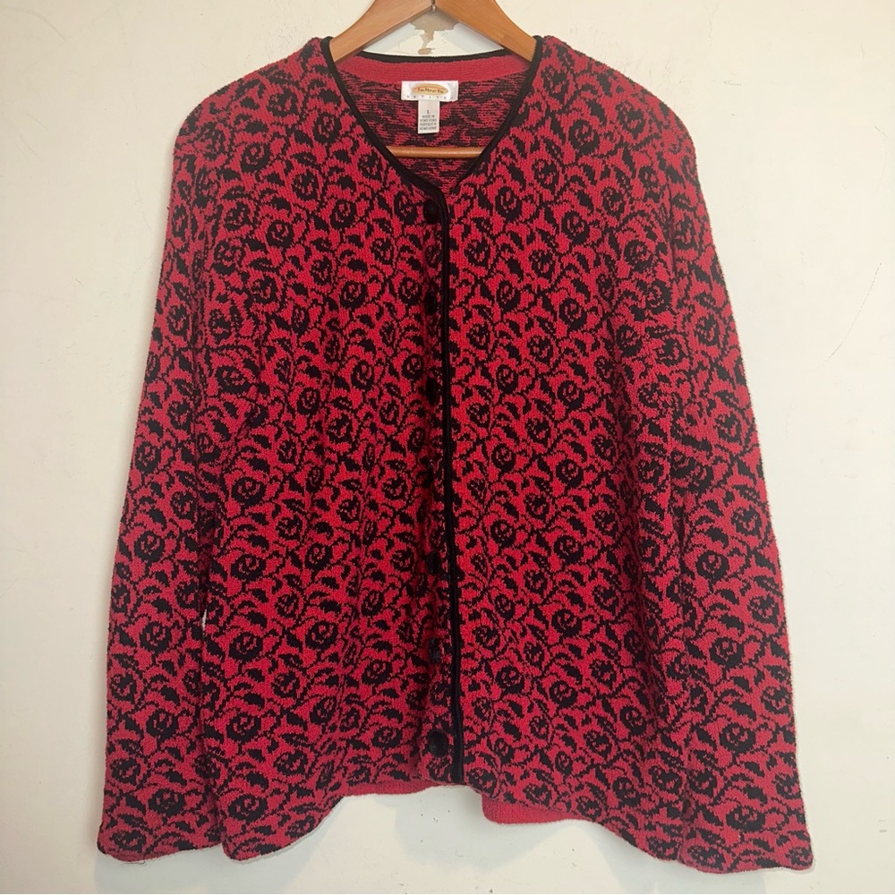 Vintage Talbots Sweater L Red Floral Velvet Button Down Cardigan Preppy Classic